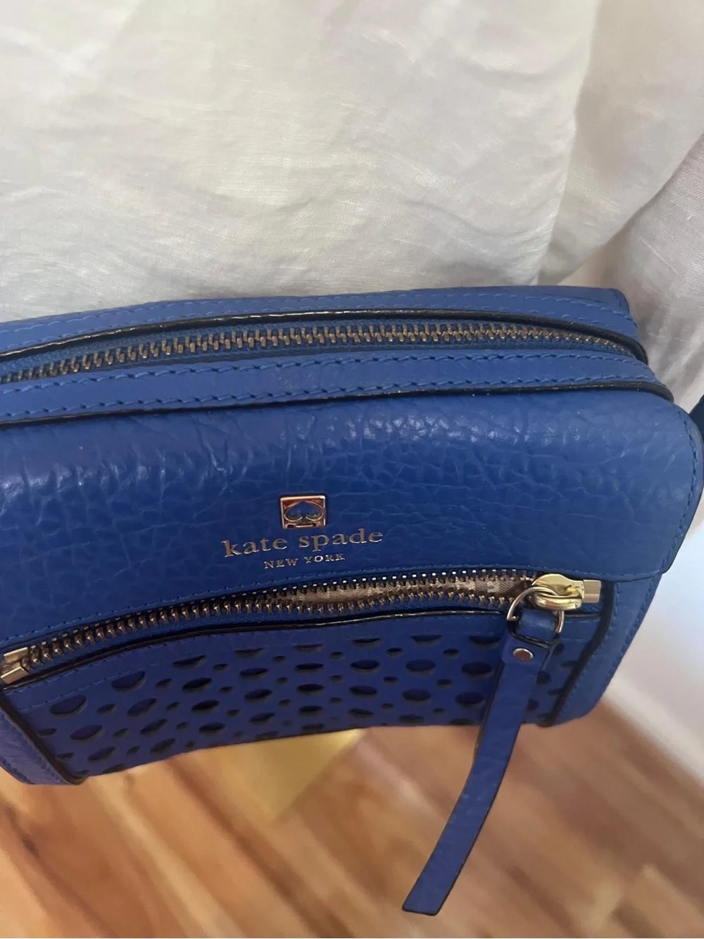 kate spade cobalt blue leather perforated crossbody bag
